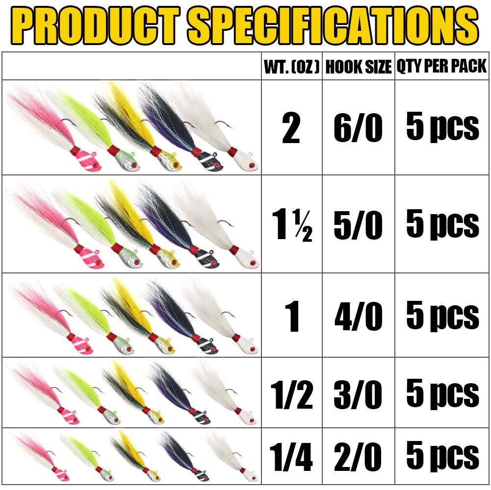 XFISHMAN Bucktail Jigs Saltwater Hair Jigs Head - Fishing Lures Assorted Kit (5 Pack)