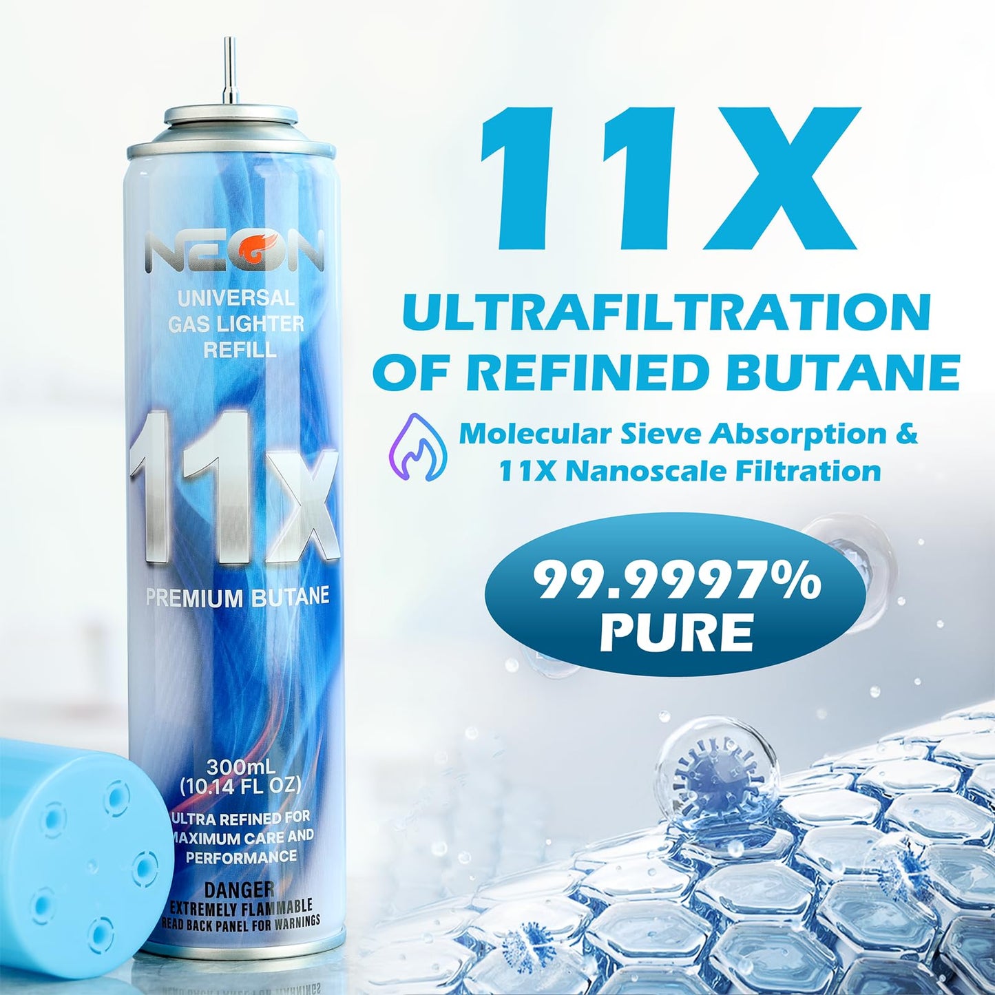 NEON Butane Refill, 11X Ultra-Refined Butane Fuel, 300ml Premium Lighter Fluid with Metal Nozzle & 5 Butane Gas Refill Adapters for Refillable Jet Flame Lighters, Torches, and Culinary Use, 12 Cans