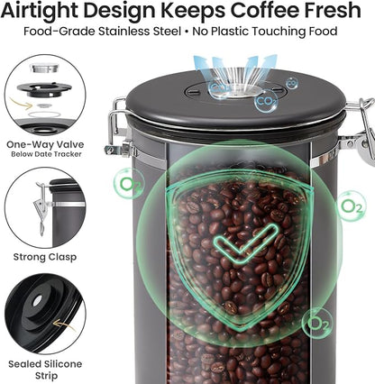 Veken Coffee Canister, 39OZ Large,Airtight Stainless Steel Food Storage Container for 2.2lbs Beans,Ground,Sugar,Espresso,Rice,Tea,Flour,Cereal,Cookie,Lids,Jars,Gifts,Scoop,Kitchen Bar Accessories,Gray