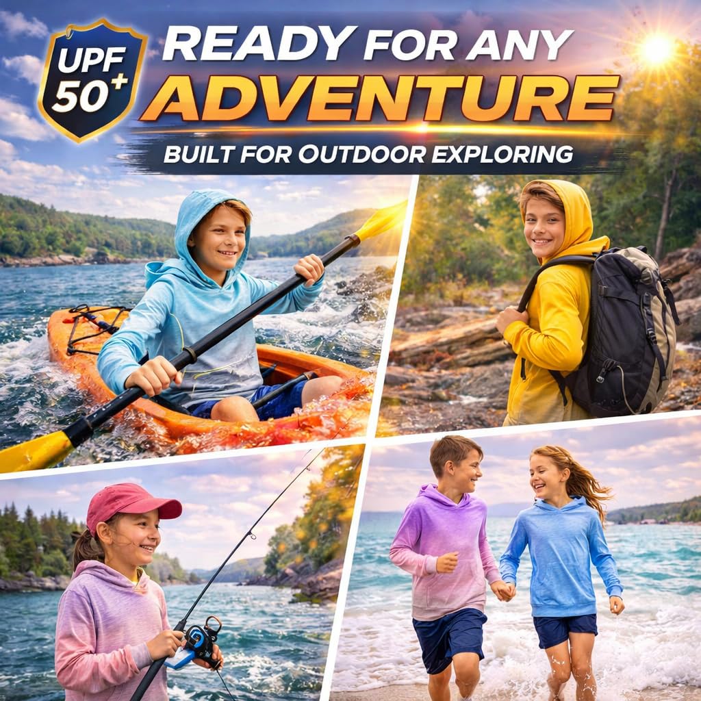 INGEAR Boys' Rash Guard Long Sleeve UPF 50+ UV Protection Swim Shirt, Hooded Sun Shirt, Quick Dry Fishing Shirt for Kids (US, Alpha, Medium, Turquoise Sea)