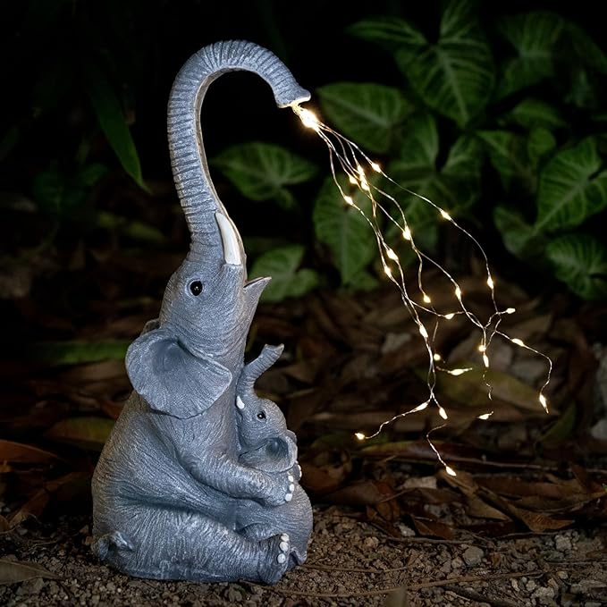 Elephant Statue with Solar Watering Lights, Outdoor Garden Decor for Patio, Yard, Lawn, Unique Gifts for Women, Mom – Resin Elephant Sculpture (Grey Two Elephants)