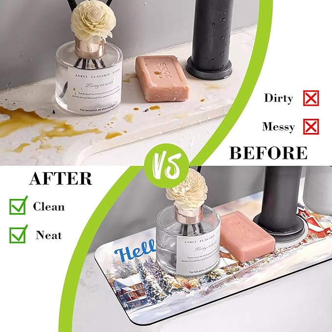 Chrismas Sink Faucet Absorbing Mat Hello Winter Sink Splash Guard Drying Mat