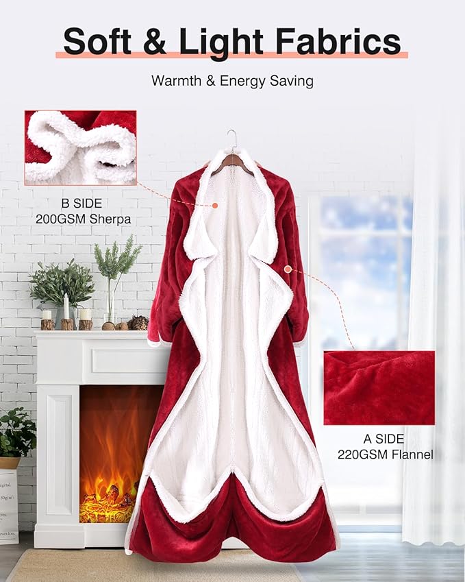 Wearable Heated Blanket with Sleeves, Electric Heated Blanket for Gifts, Electric Throw Wrap Poncho Shawl with Pockets, 6 Heating Levels & 4 Hours Time Settings, 50 x 70 Inch (Red)