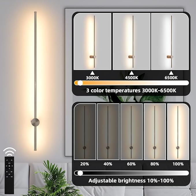 Battery Operated Wall Sconces with Remote, Dimmable 3000K-6000K/Timer/Memory LED Wall Lamp, 350°Rotate, USB Rechargeable Wireless wall lights for Living Room, Bedroom Brushed Nickel 39.3" (2 Pack)