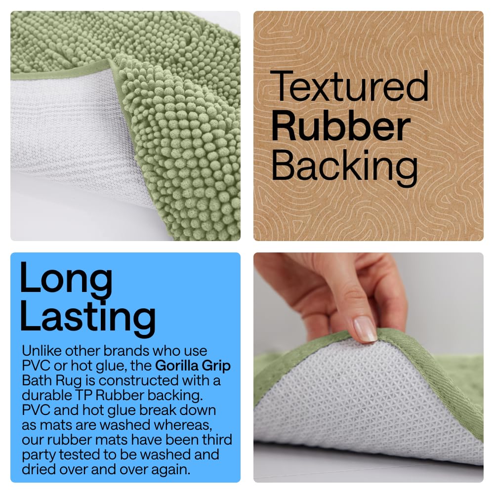 GORILLA GRIP Bath Rug Mat, Thick Soft Absorbent Chenille, Quick Dry Microfiber Mats, Rubber Backing Washable Shower Floor Rugs, US Designed Bathroom Bathmat Home Decor Accessories, 24x17 Sage Green