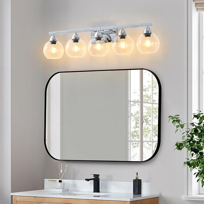 5-Light Bathroom Light Fixtures, Silver Vanity Light with Ultra-Clear Hand-Blown Glass, Durable & Elegant, Wall Lamp for Mirror, Bedroom, Kitchen