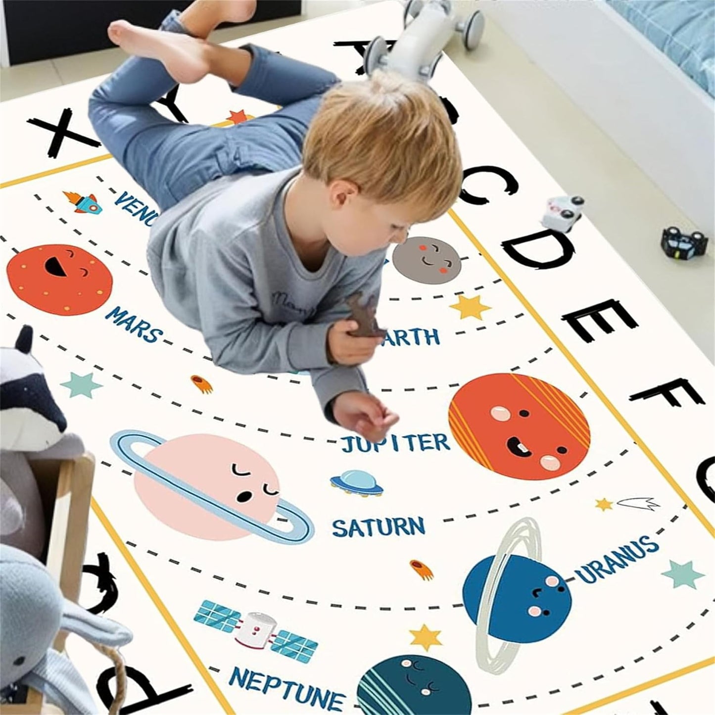Apioiqa Solar System Kids Rug, Alphabet and Planet Carpet for Playroom 4x6, Children's Educational Play Mat ABC Rugs, Outer Space Play Rug