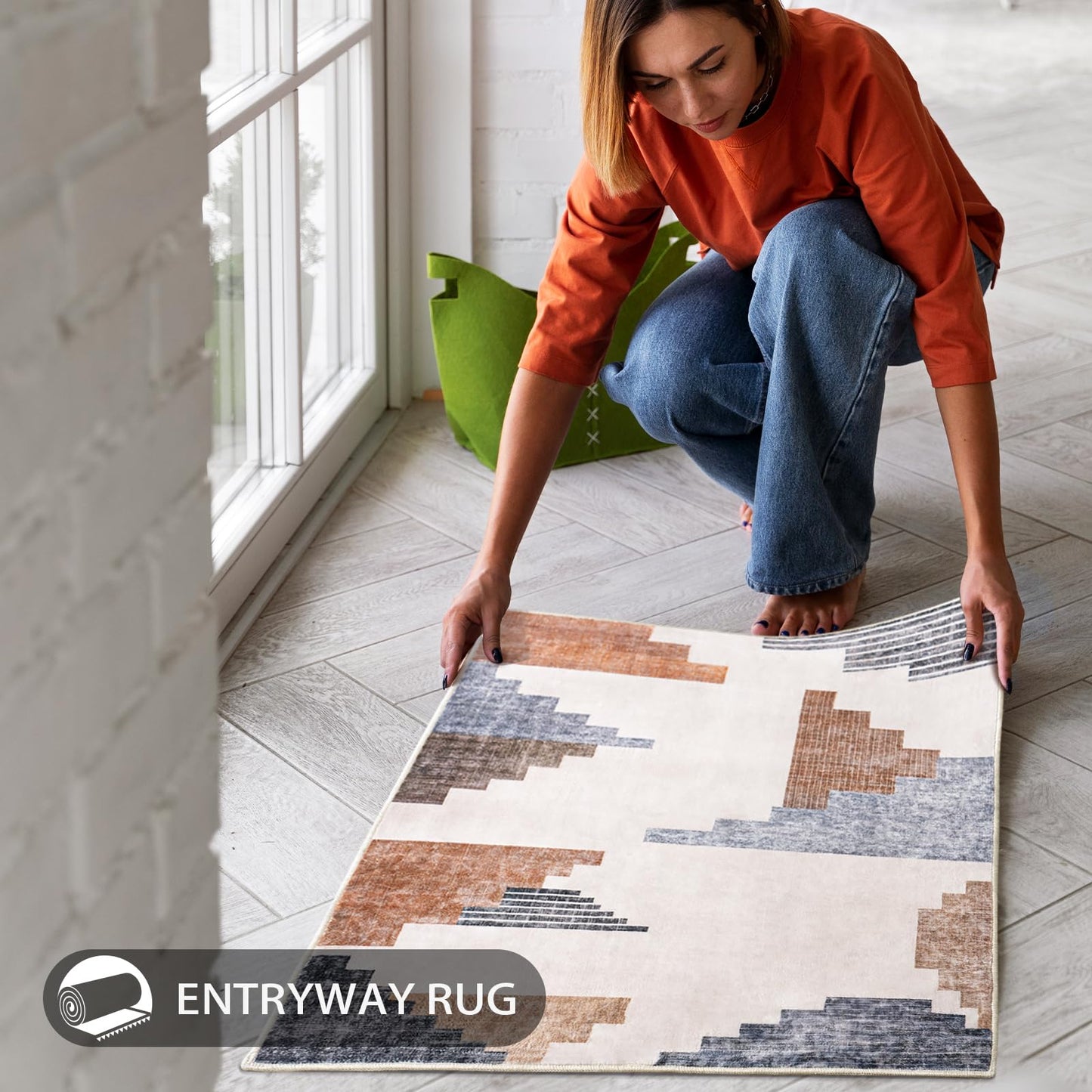Dssimo Geometric Abstract Area Rug, Pyramid Ladder Design Modern Blue and Brown Rugs, Low Pile Carpet, Home Office Decor Contemporary Accent Throw Rug for Bedroom Kitchen Entryway Bathroom, Blue 2x3