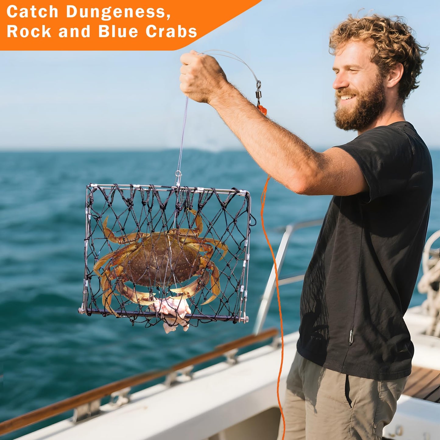 QualyQualy 4 Set Castable Crab Trap Kit, Foldable Crabbing Net with Rope & Bait Clip, Crab Snare/Pots/Traps for Blue Crabs, Dungeness, Crawfish Portable Crabbing Equipment