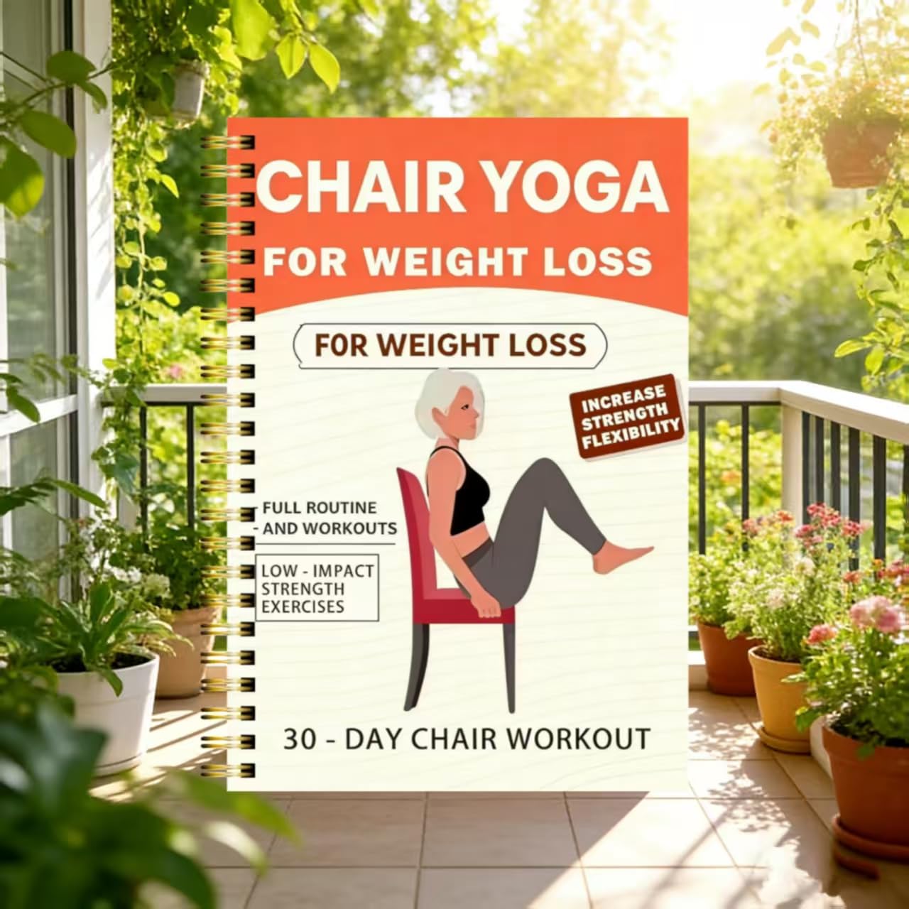 30-Day Chair Yoga Weight Loss Planner – 15-Minute Daily Routine Log with Illustrated Poses & Progress Tracker for Seniors & Beginners, Spiral-Bound Home Fitness Journal，(5.5x8.3 Inch, Orange)