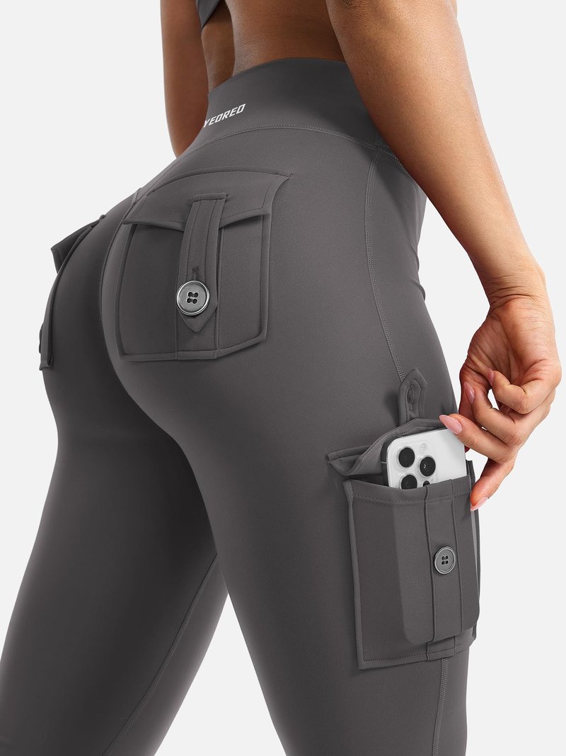 YEOREO CoreFlex Women Workout Flare Leggings with Pockets Hidden Scrunch High Waisted Cargo Gym Yoga No Front Seam Leggings Dark Grey M