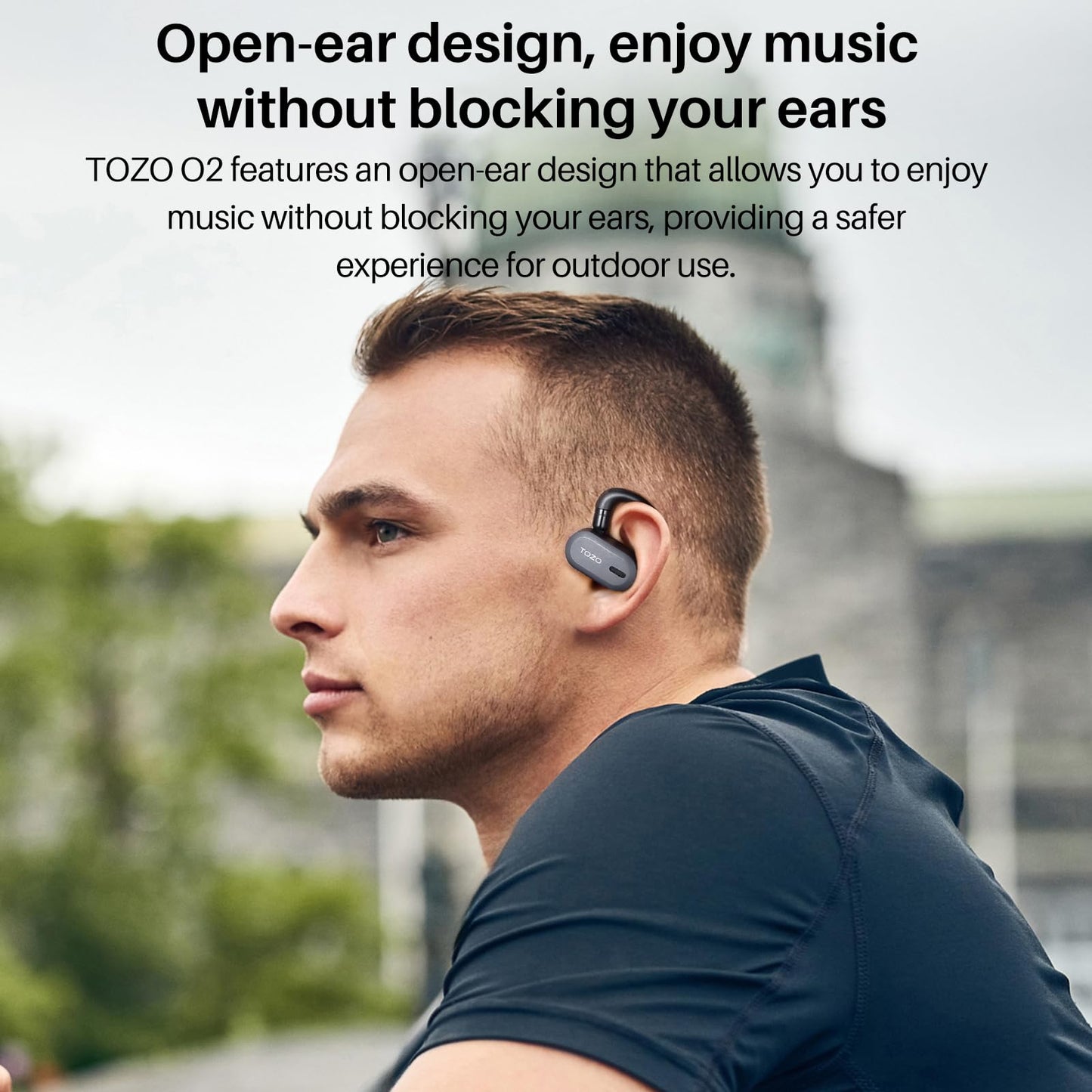 TOZO O2 True Open Ear Wireless Headphones Lightweight with Multi-Angle Adjustment, Bluetooth 5.3 Earbuds with Dual-Axis Design for Long-Lasting Comfort, Crystal-Clear Calls for Driving, Dark Black