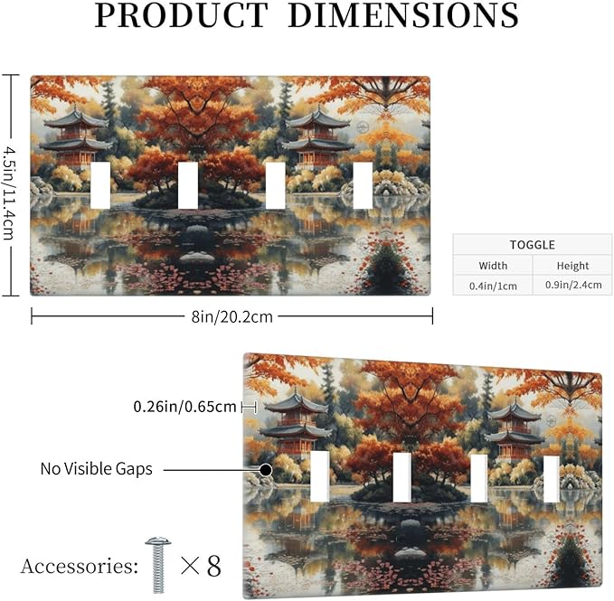 Decorative Art Light Switch Covers Lake & Pagoda in Fall Quad Toggle 4 Gang Wall Plate Switch plate Electrical Faceplate for Home Decor