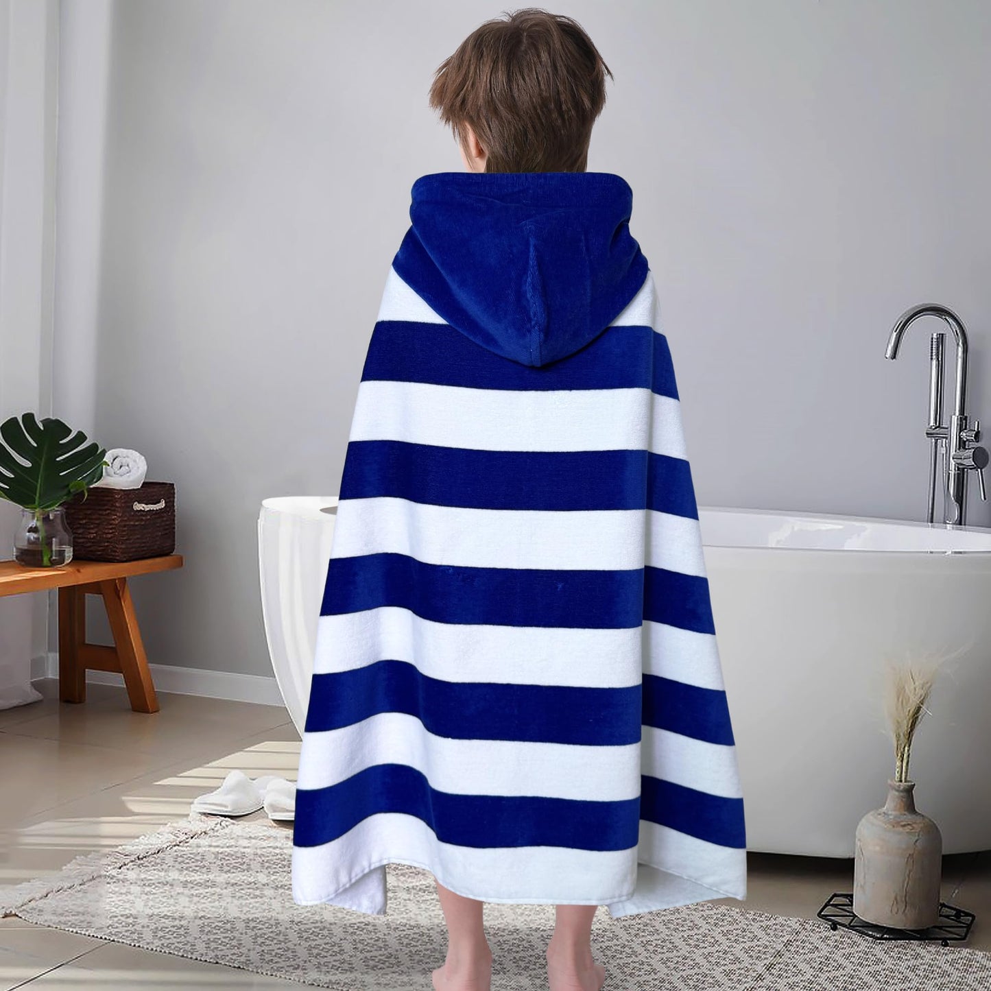 VOOVA & MOVAS Kids Beach Towel Wrap with Hood (3-8 Years, 30''x50'') - 100% Cotton Soft Absorbent Towel for Boys, Pool, Bath, Swimming & Beach - Blue Cabana Stripe Design