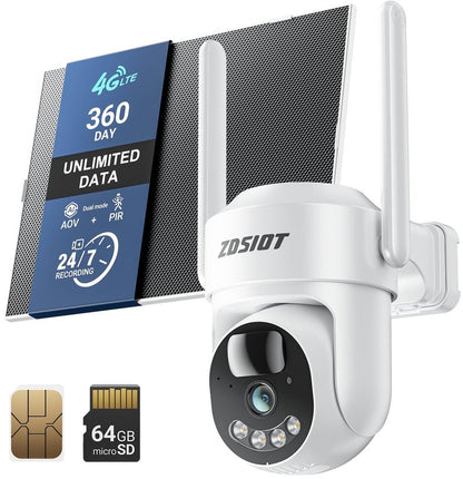 4MP Cellular Security Camera 24/7 Recording with 360-Day SIM Data for Jobsite/Barn/Rural Areas, No WiFi Solar 4G LTE Camera Wireless Outdoor, Motion Detection, 360° Human Tracking, 64GB TF Card