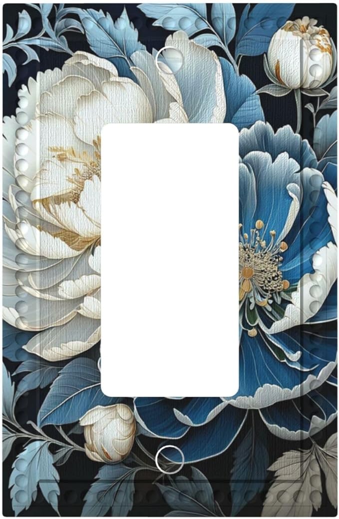 White Blue Flower Peonies Single Decora Outlet Wall Plate 1 Gang Rocker Decorative Switchplate Faceplate GFCI Light Switch Covers for Home Living Decor