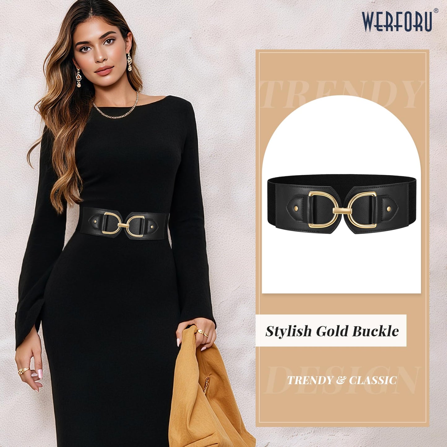 WERFORU Women Elastic Wide Waist Belts for Dresses Fashion Wide Stretchy Belts for Women Big Gold Buckle Thick Dress Belt, A-Black-gold buckle, M: Fit Waist Size 32"-35"