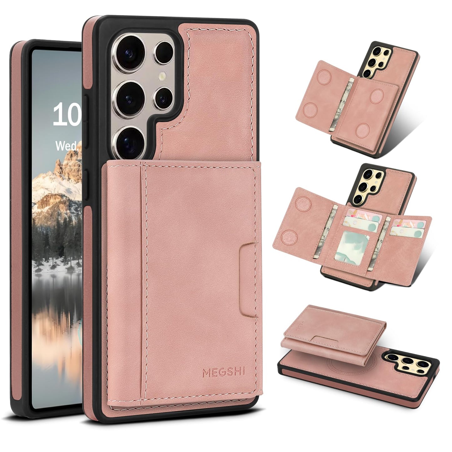 Godzoen for Samsung Galaxy S25 Ultra Wallet Case, 2-in-1 Detachable Magnetic Wallet Case, Card Holder RFID Blocking, Fashionable Faux Leather Card Slot & Folding Design (Pink)