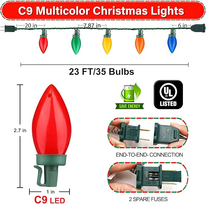Couah C9 Christmas LED String Lights, 23 Ft LED Vintage Multicolor Lights with 35 LED C9 Colorful Light Bulbs, Outdoor String Lights for Christmas Party Backyard Wedding- Green Wire
