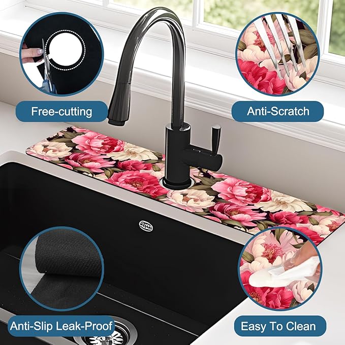 Garden Flowers Kitchen Sink Splash Guard Faucet Mat Watercolor Peonies Super