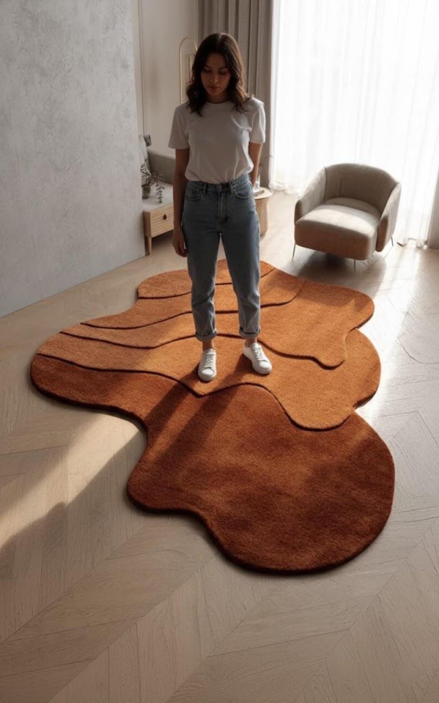 Anthrofy Taliaferro Irregular Area Rug – 5’ x 8' – Handmade Wool Area Rugs – Brown – Rugs for Living Room, Bedroom – Anti-Skid – Carpets with Non-Slip Natural Backing with 100% Cotton