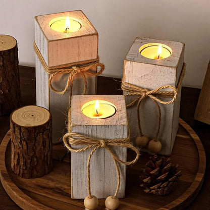MelonBoat Rustic Flameless LED Candles 3-Pack, Battery Operated Candles with Wooden Candle Holders, White Rustic Farmhouse Decor, Farmhouse Candle Holder for Valentines Holiday Party Home Decor