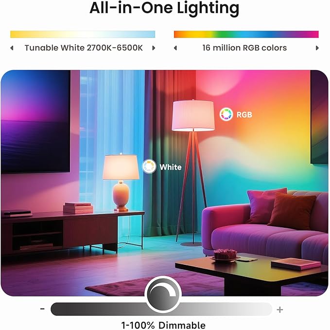 Treatlife Smart Light Bulb, Dimmable Multicolor and White LED Bulb, Compatible with Alexa, Google Assistant, A19 E26 8W (60W Equivalent), No Hub Required, 2 Pack