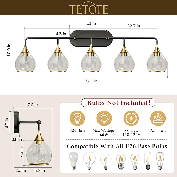 TETOTE 5-Light Modern Bathroom Light Fixtures, Over Mirror Black & Gold Wall Lamp with Clear Glass