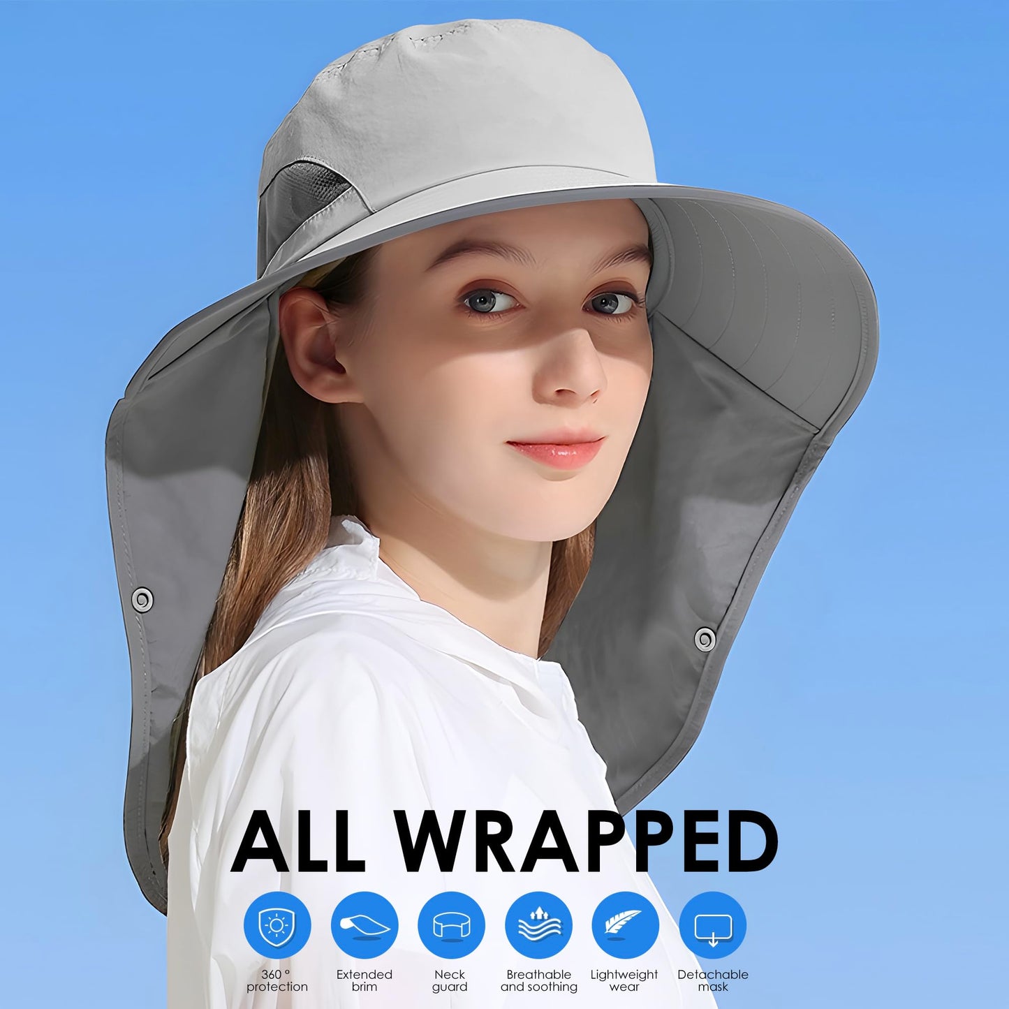 Outdoor Sun Hat Detachable Neck Face Flap UPF 50+UV Protection Visor Fishing Hats with Neck Flap for Men & Women Light Grey
