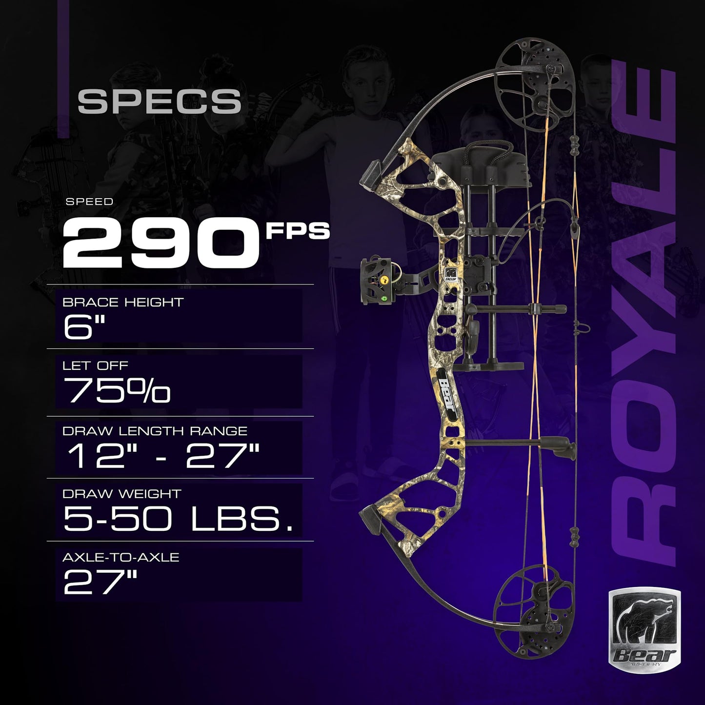 Bear Archery Royale Ready to Hunt Compound Bow Archery Set with Archery Accessories for Adults and Youths, 12”- 27” Draw Length, 5-50 Lbs Draw Weight, Up to 290 FPS