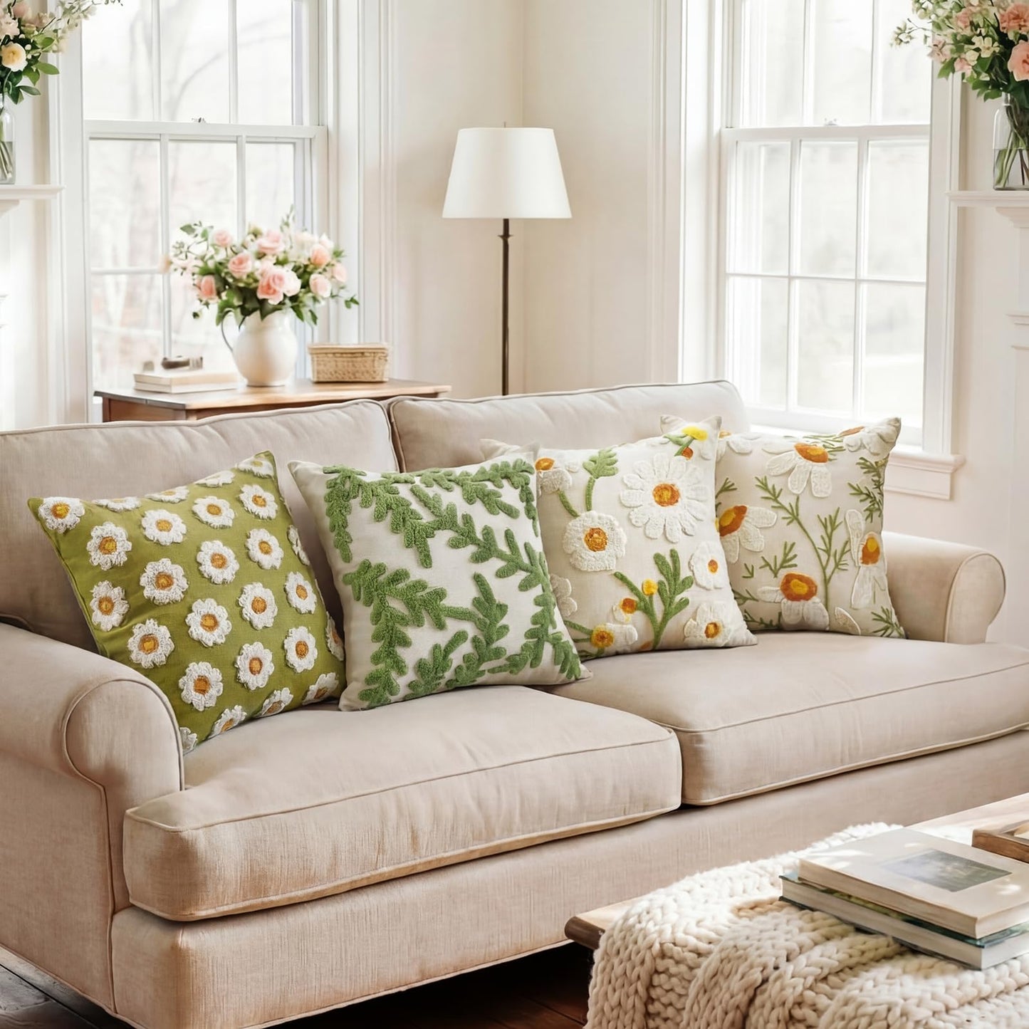 Fourluoo 4 Pcs Daisy Embroidered Throw Pillow Covers 18x18 Daisy Decorative Pillow Cover with Zipper Spring Floral Tufted Cushion Pillowcase for Bed Couch Sofa Living Room