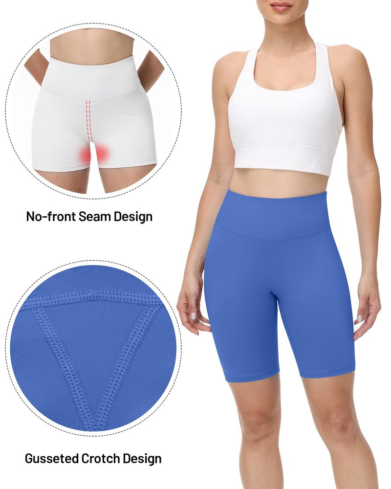 Runhit No Front Seam Biker Shorts for Women - 8'' High Waisted Workout Gym Yoga Running Spandex Compression Shorts Shorts with Tummy Control Blue XS