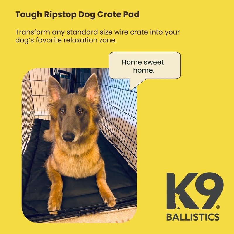 K9 Ballistics Tough Ripstop Dog Crate Pad - Durable, Machine Washable Kennel & Travel Mat for Puppies and Medium Dogs, 35 x 22 fits 36” Wire Crate, Obsidian Black