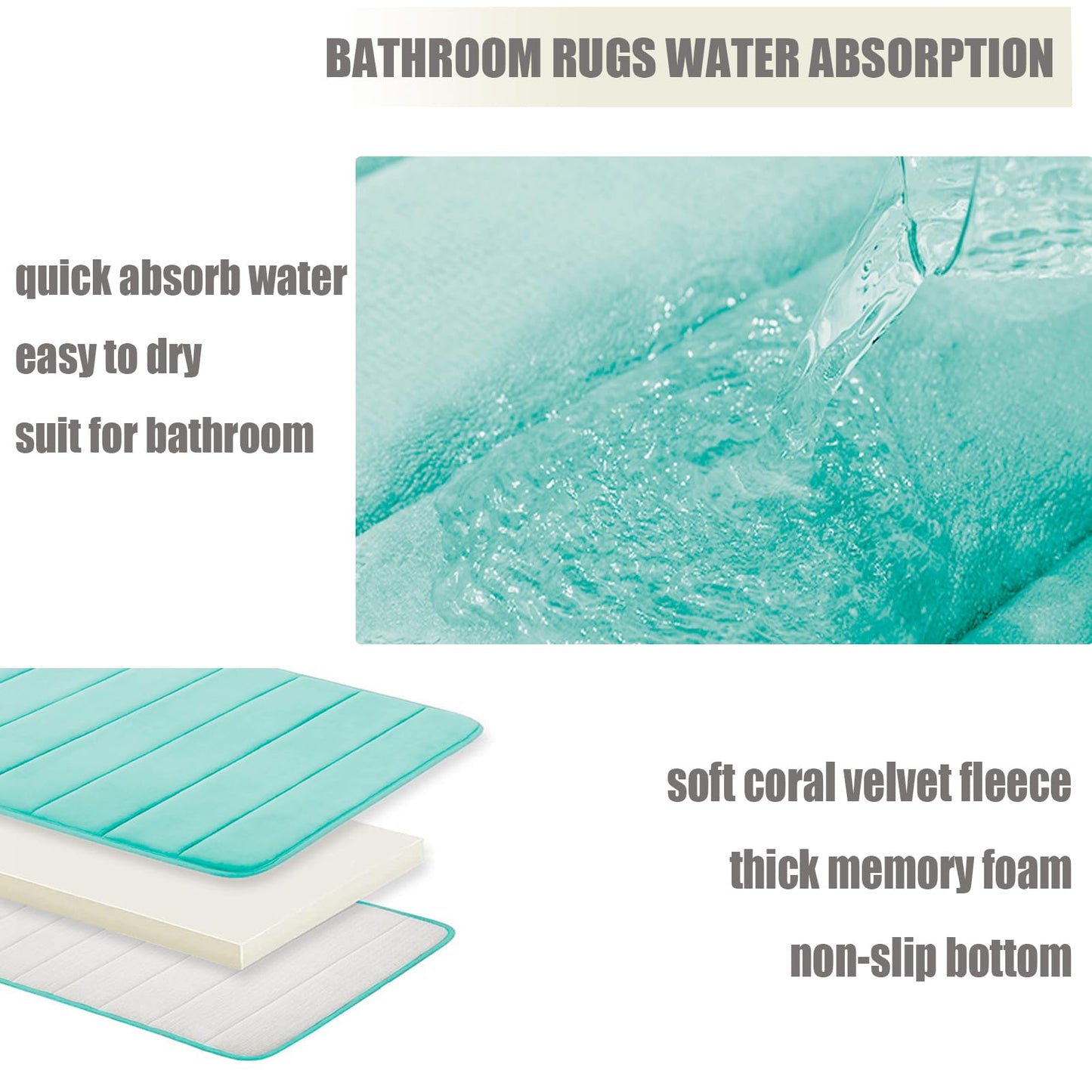 DTXDTech Memory Foam Bath Rugs 3 Piece Thick Soft Bath Mats for Bathroom Water Absorbent Bath Shower Rugs with Non-Slip PVC Bottom,Lake Blue