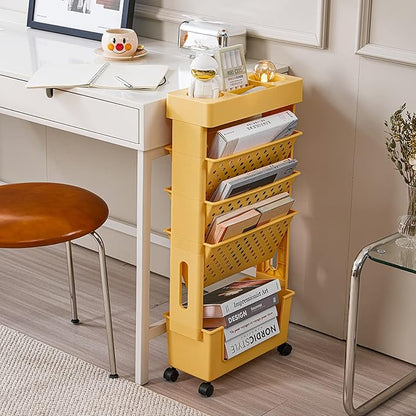 Yellow Rolling Office Paper Organizer, Mobile Book Cart Document Folder File Storage with Pen Holder, Slim Rolling Storage Cart Movable Bookshelf for Office, Dorm, Classroom, Nursery