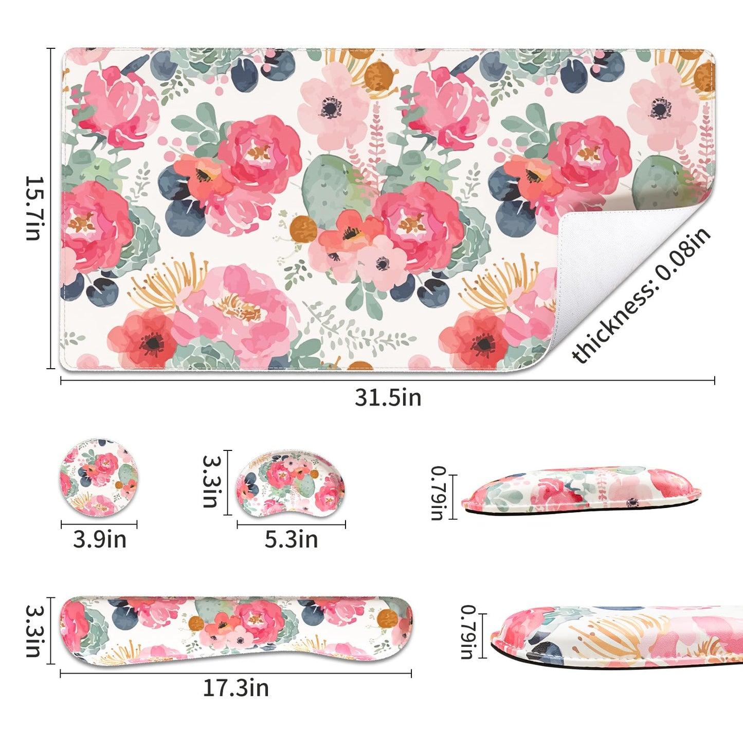QiyI Leather Desk Mat Set, 4-in-1 Large Mouse Pad with Wrist Rest, Non-Slip Desk Pad + Keyboard Wrist Rest + Mouse Wrist Support + Coaster, Office Desk Accessories Home Decor Supplies, Pink Flowers