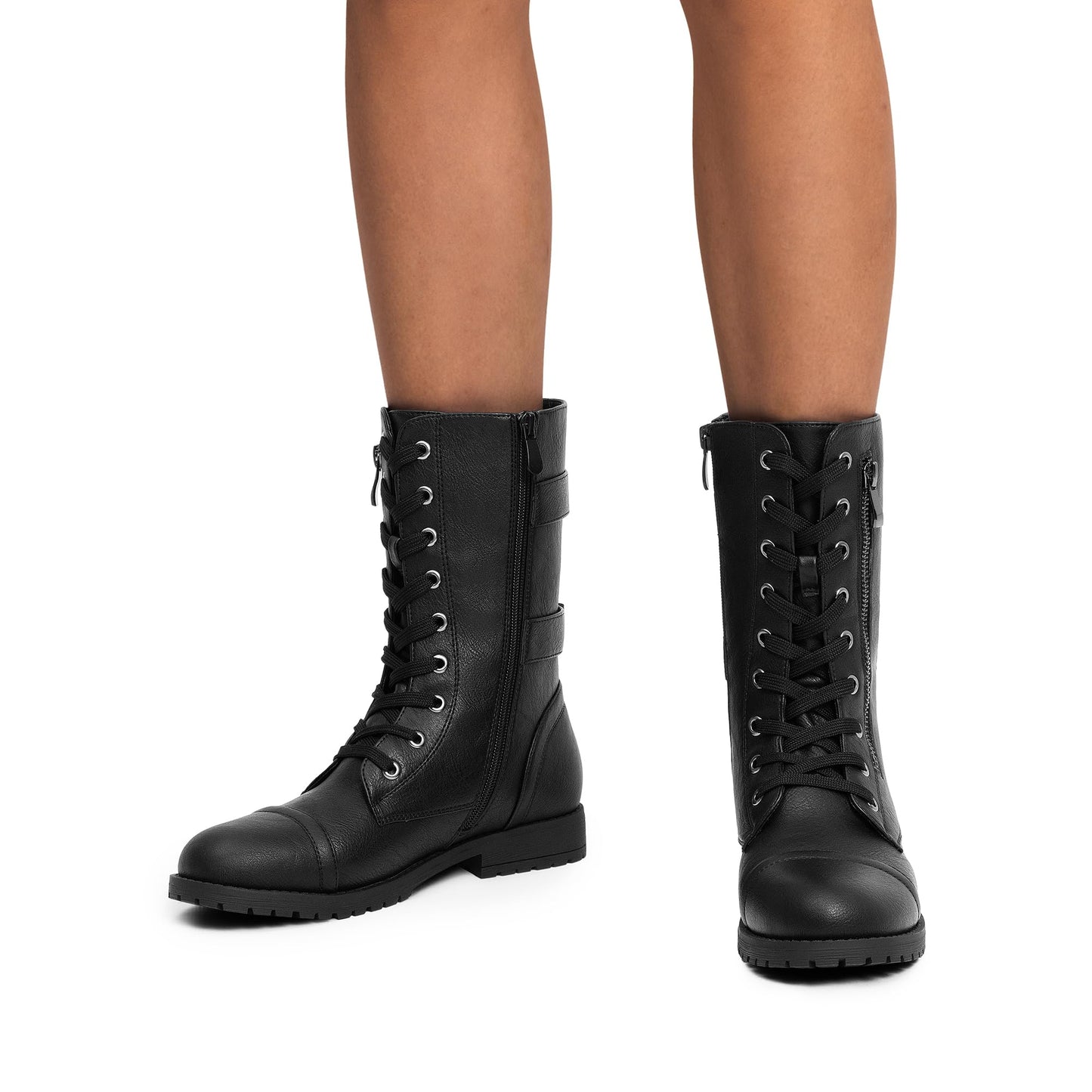DREAM PAIRS Women's Combat Boots, Mid Calf Built-in Wallet Pocket Lace up Military Ankle Booties,Size 10,Classic Black,TERRAN