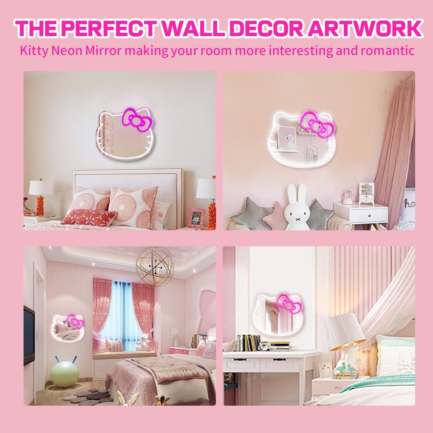 MCJSGSP Anime Hello Kit Mirror with Light Neon Signs for Wall Decor, Teen Girl Gift，Makeup Mirror neon Sign Room Decor (9.4 * 11.9 inch)