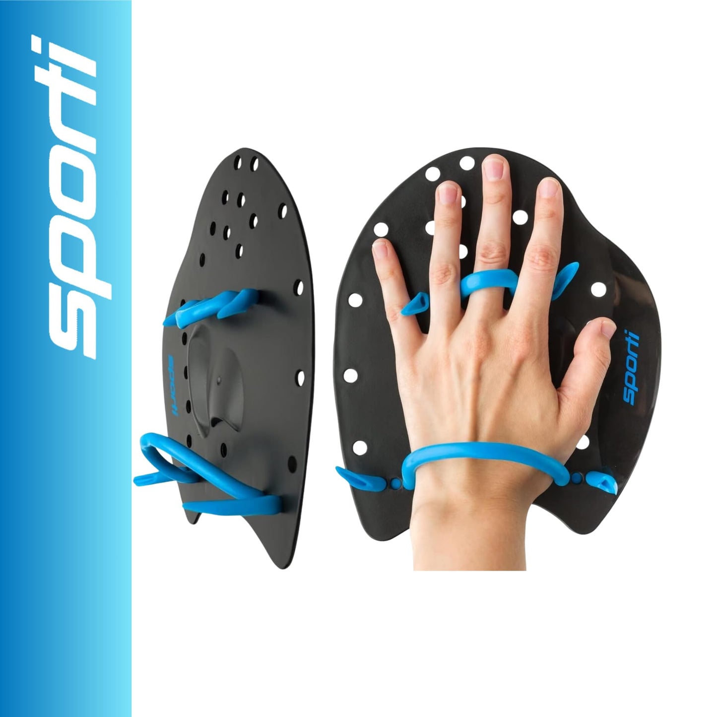 Sporti Power Swim Paddles - Swimming Training Hand Paddles - Adjustable Straps - Lap Swimming Gear (Medium, Black)