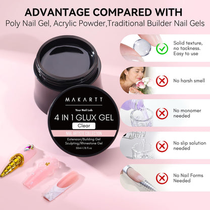 Makartt Clear Gel Builder Kit: Self-Levelling, Long Lasting Extension Hard Gels for Strengthener, Broken Nails Repair Gel Kit with Paper Forms, Dual forms, Nail File and Dual-End Brush 1.06 oz