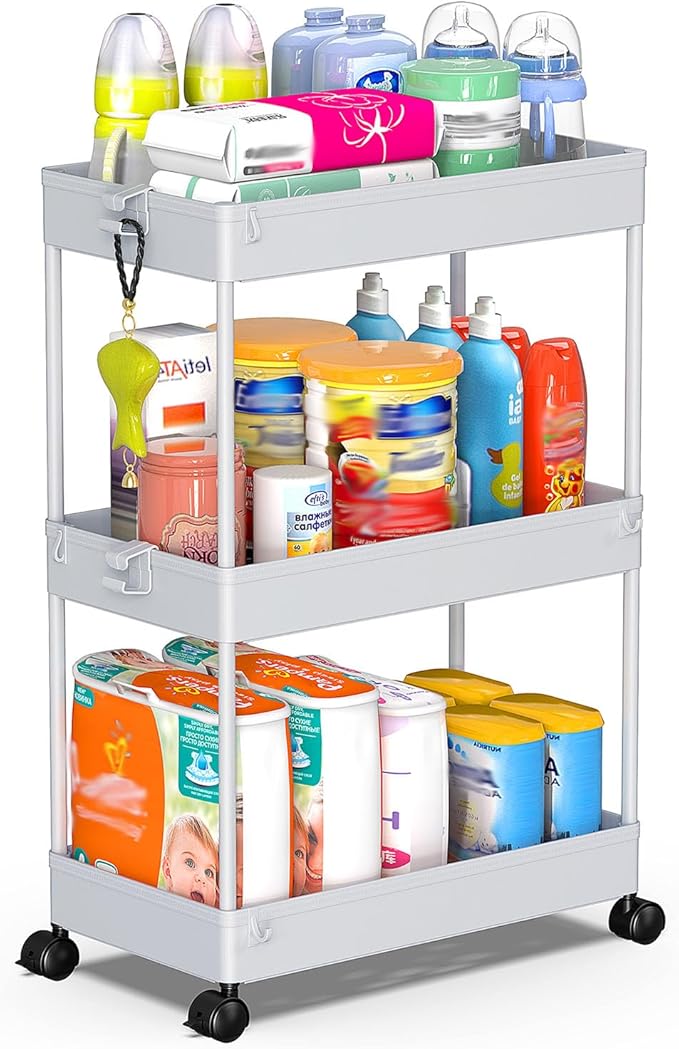 SPACEKEEPER Rolling Storage Cart 3 Tier Bathroom Cart Organizers with Wheels Laundry Room Organization Mobile Shelving Unit Utility Cart Storage Shelves Multi-Functional for Office, Home, Gray