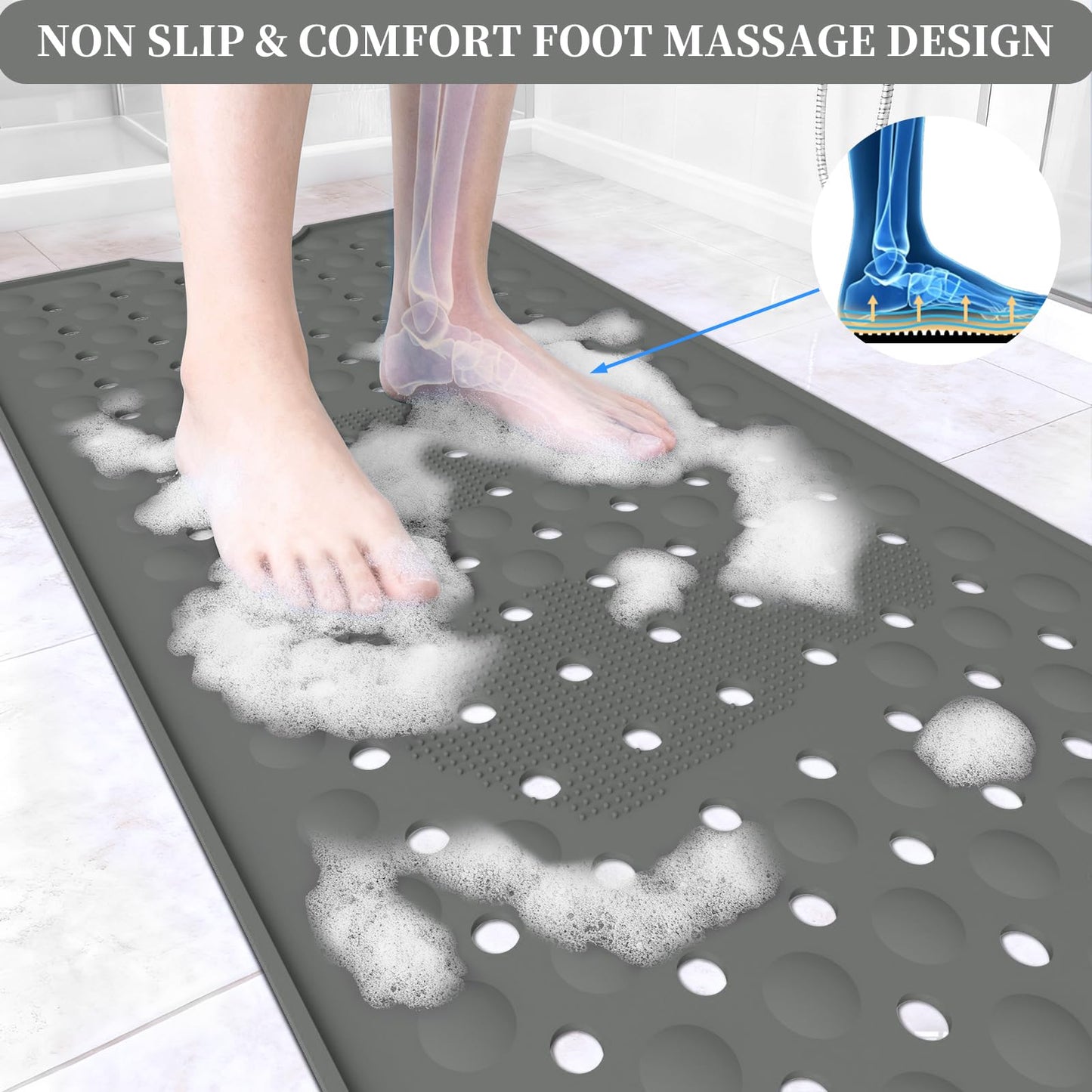 Bath Mat for Tub Non Slip, 35.4 x 15.7 inch Long Bathtub Mats with Suction Cups, Machine Washable Shower Tub Mat for Bathroom Floor and Tub, Soft Silicone Material, Foot Massage Area Design, Gray