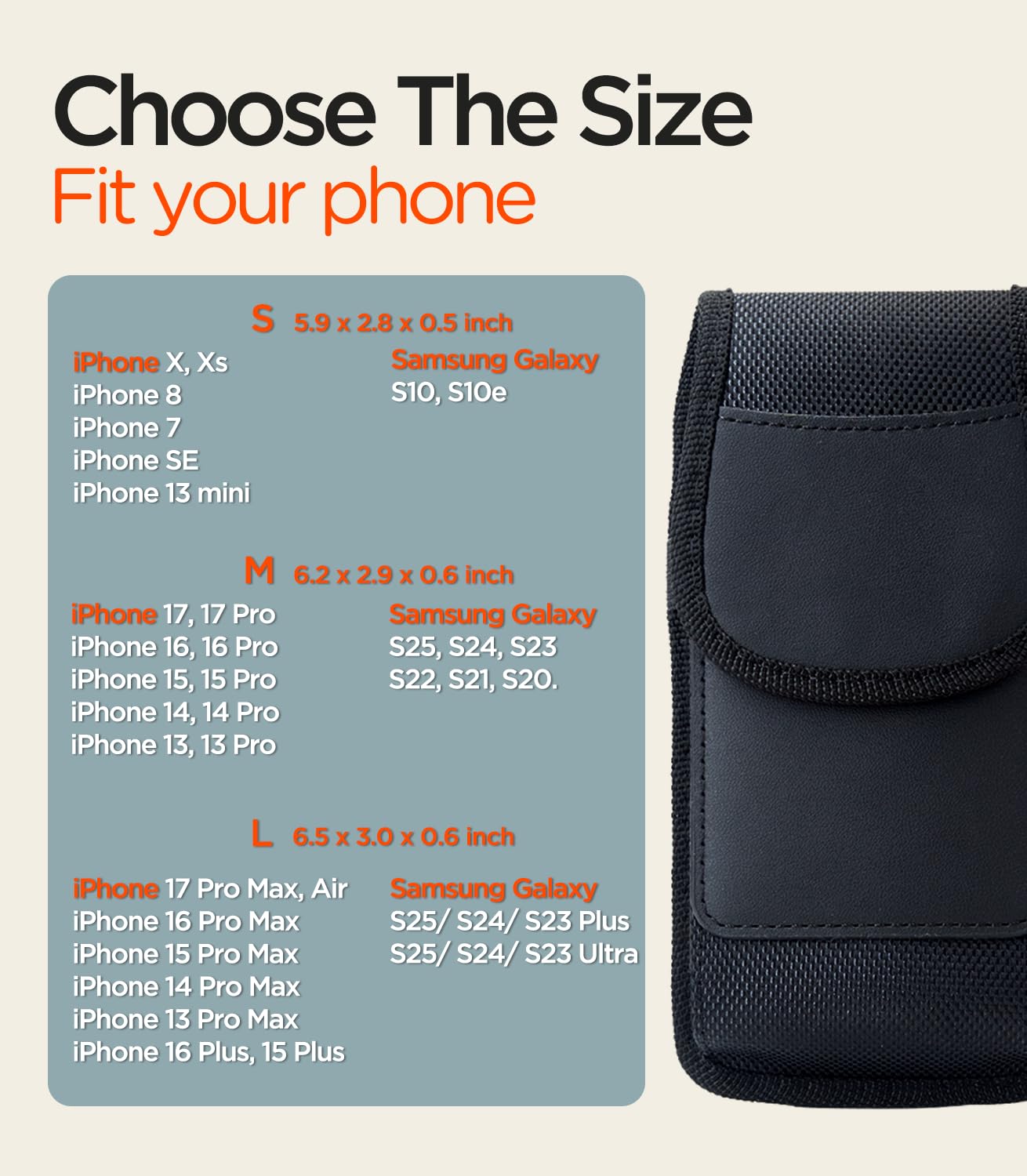 URDIKKG Phone Holster Pouch Compatible with iPhone 17/16/15/14/13 Pro Max and Plus Models, Galaxy S25/S24/S23/S22 Plus & FE, Cell Phone Belt Holder with Card Holder and Magnetic Closure, L-Black