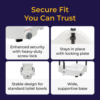 Drive Medical 2-in-1 Raised Toilet Seat with Removable Padded Arms - Elevated Bathroom Safety Support - Secure Locking Attachment - Easy Height Assistance - Durable Construction, Standard Toilets