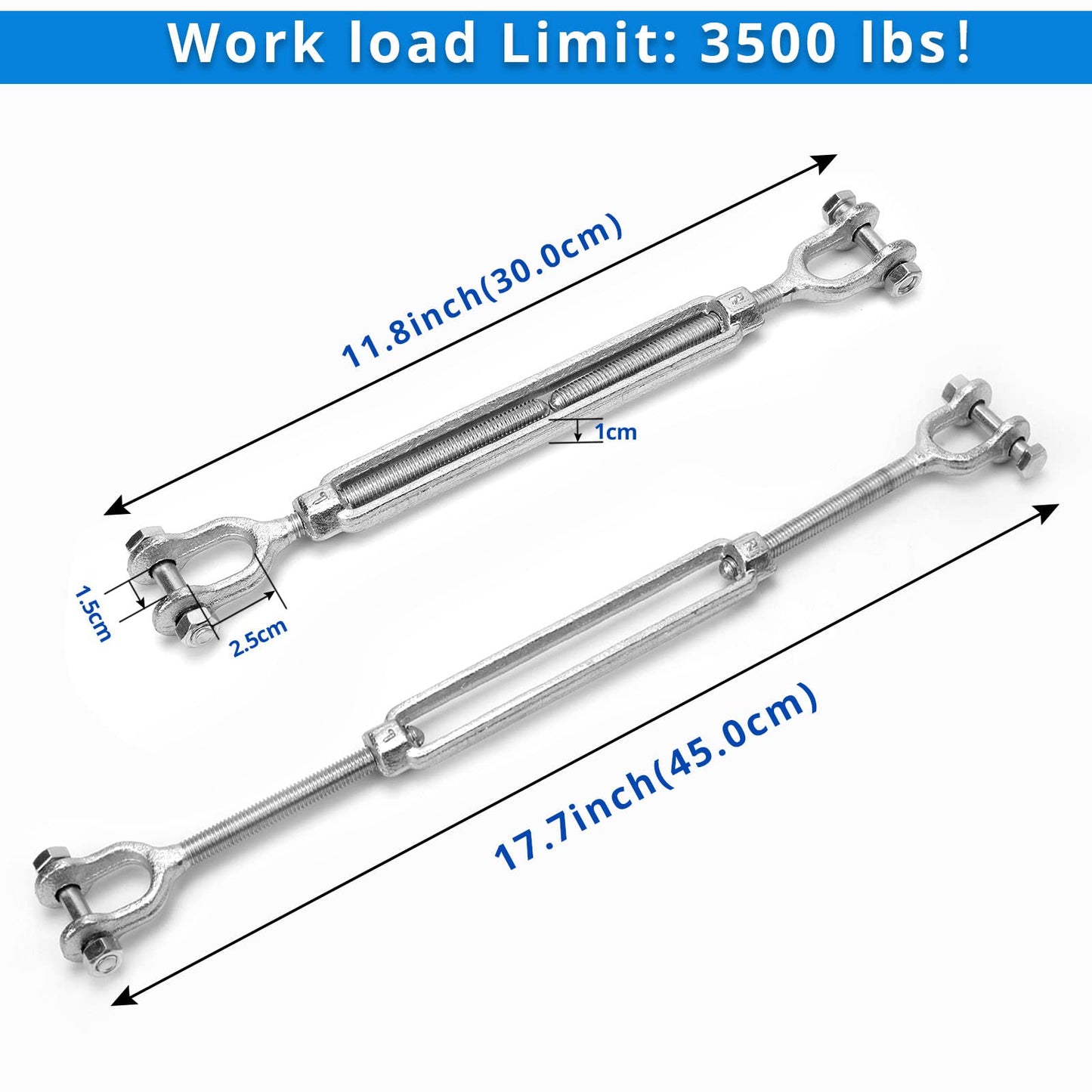 Hot Dipped Galvanized Steel Jaw and Jaw Turnbuckle - Heavy Duty Turnbuckle, 3/8" Threaded Diameter x 12in for Cables Wire Shade Sail Clotheslines - Durable,Weather Resistant