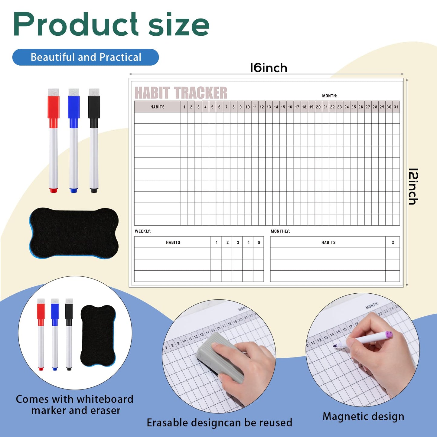 Maitys Habit Tracker for Fridge 12 x 16 Inch Magnetic Workout Tracker Journal Motivation Dry Erase Goal Habit Calendar for Whiteboard with 3 Marker Pens and 1 Eraser