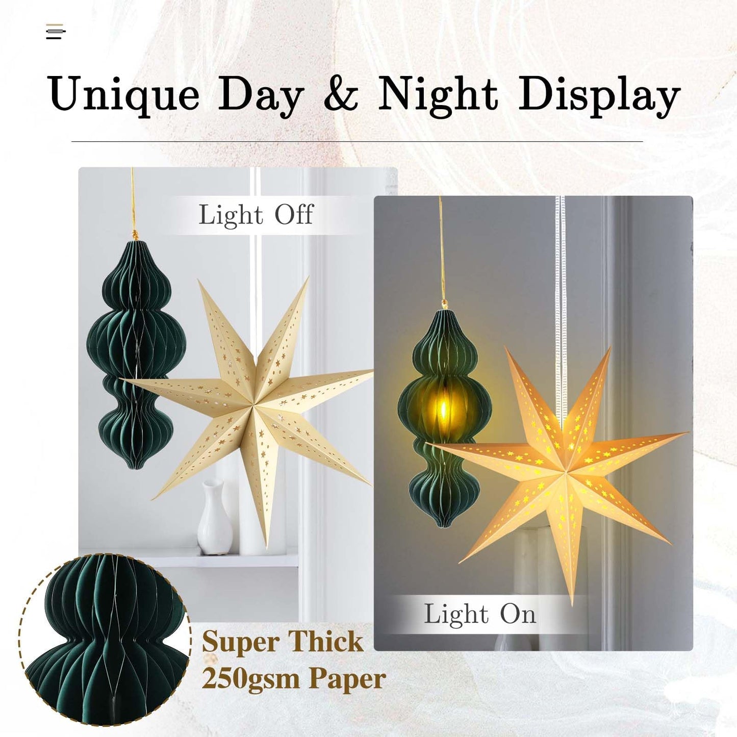 Christmas Hanging Decorations Set, 3D Paper Star Lanterns with Lights Paper Honeycomb Ornaments Snowflake Fans Decorative Hanging Ornamnets for Xmas Tree Frozen Winter Wonderland Holiday Party Decor