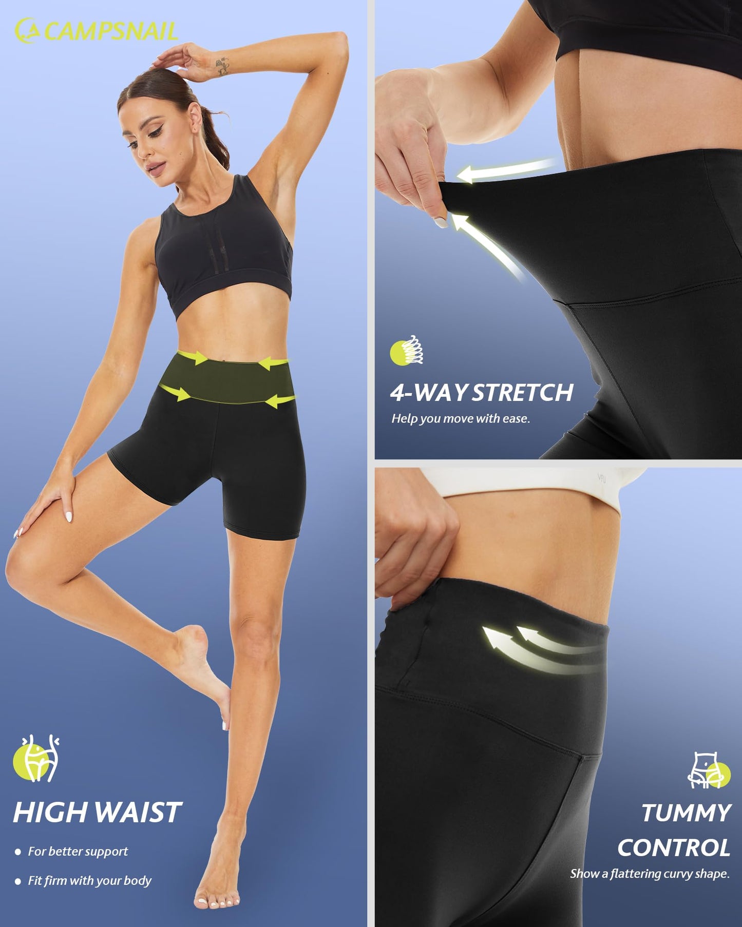 CAMPSNAIL 2 Pack Biker Shorts Women - 5" High Waist Workout Tummy Control Spandex Shorts for Gym Athletic Yoga