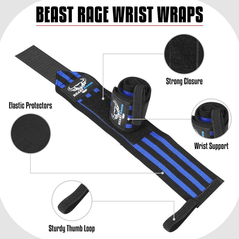BEAST RAGE Wrist Wraps for Weightlifting - Adjustable Lifting Straps with Thumb Loop for Enhanced Support | Ideal for Powerlifting and Bodybuilding