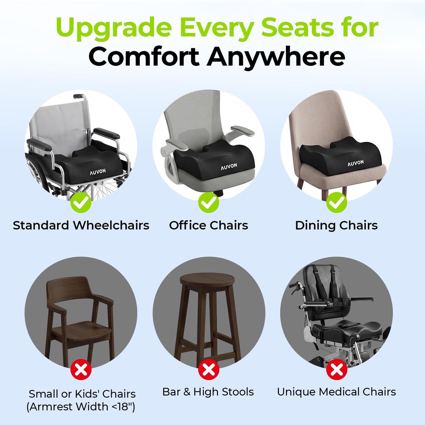 AUVON Anti-Slip Wheelchair Cushions with Front High Rear Low & Hump Design, Ergonomic Seat Cushion to Optimize Sitting Posture, Chair Cushions Relieve Sciatica, Back, Pressure Sore & Ulcer Pain